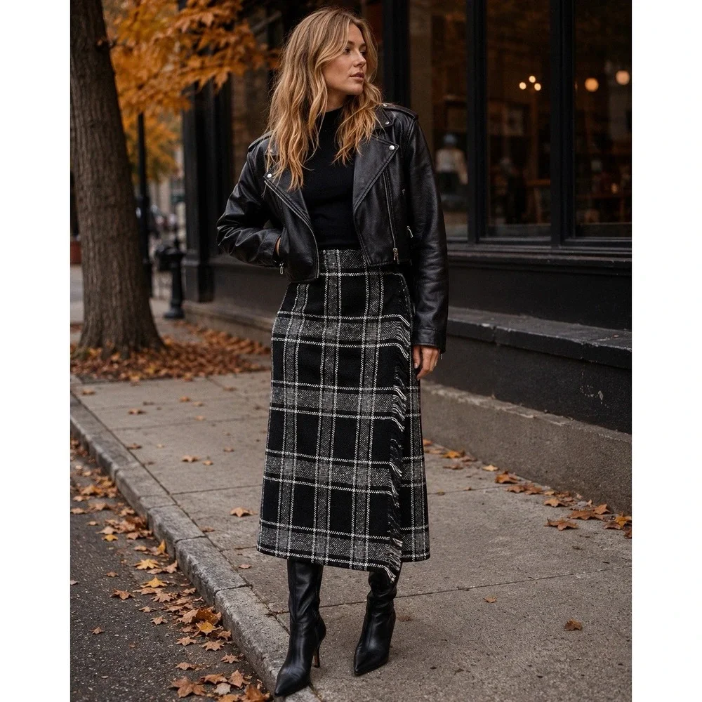 TALBOTS Wool Blend Long Wrap Maxi Skirt Gray Black White Plaid Italian Size 10